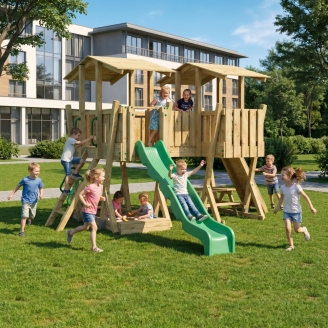 Parco Giochi in Legno FunForte 5 per Uso Pubblico con Doppia Torre, Ponte, Scivolo e Sabbiera