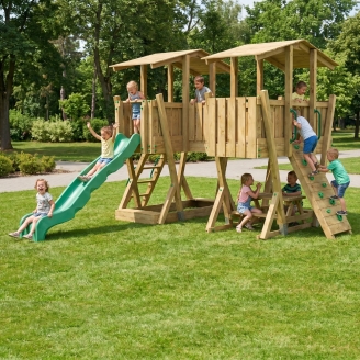 Parco Giochi in Legno FunForte 5 per Uso Pubblico con Doppia Torre, Ponte, Scivolo e Sabbiera