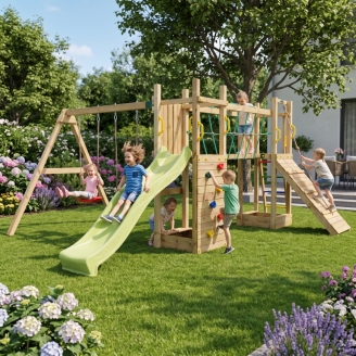 Parco giochi in legno  Fungoo Maxi Exposure con scivolo, altalene, ponte e arrampicata