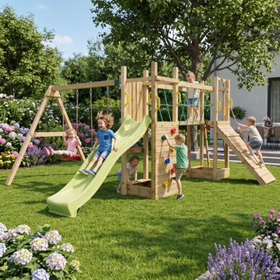 Parco giochi in legno  Fungoo Maxi Exposure con scivolo, altalene, ponte e arrampicata