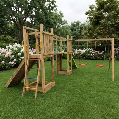 Parco giochi in legno  Fungoo Maxi Exposure con scivolo, altalene, ponte e arrampicata