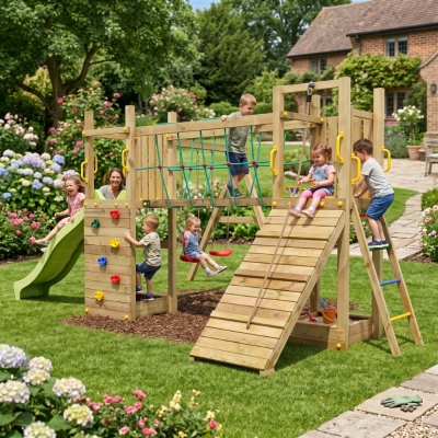 Parco giochi in legno  Fungoo Maxi Exposure con scivolo, altalene, ponte e arrampicata