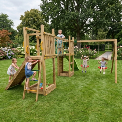 Parco giochi in legno  Fungoo Maxi Exposure con scivolo, altalene, ponte e arrampicata