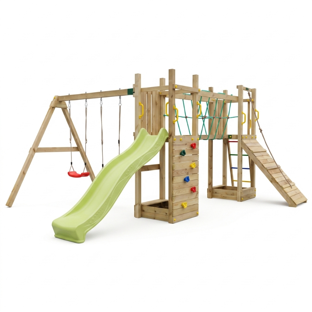 Parco giochi in legno  Fungoo Maxi Exposure con scivolo, altalene, ponte e arrampicata