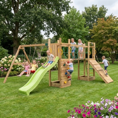 Parco giochi in legno  Fungoo Maxi Exposure con scivolo, altalene, ponte e arrampicata