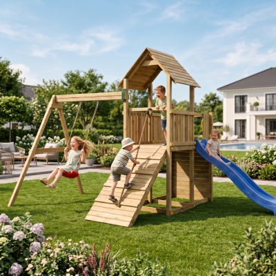Scivolo Altalena e Arrampicata in legno Fungoo Carol 3 gioco in legno per giardino