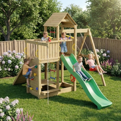 Fungoo ACTIVER KDI Casetta in legno con scivolo, altalena e scala