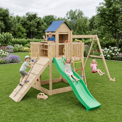 Casetta bimbi e altalena Fungoo Treehouse 3 giochi da giardino in legno
