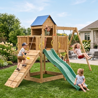 Casetta bimbi e altalena Fungoo Treehouse 3 giochi da giardino in legno