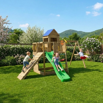 Casetta bimbi e altalena Fungoo Treehouse 3 giochi da giardino in legno