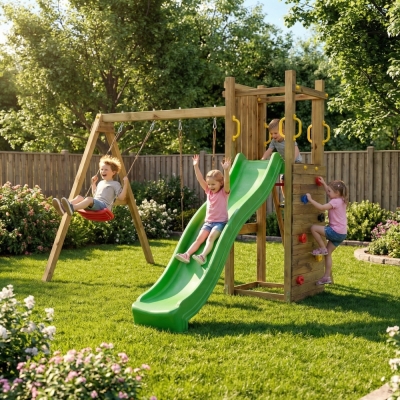 Scivolo e due Altalene in legno Fungoo Funny 3 gioco in legno per giardino