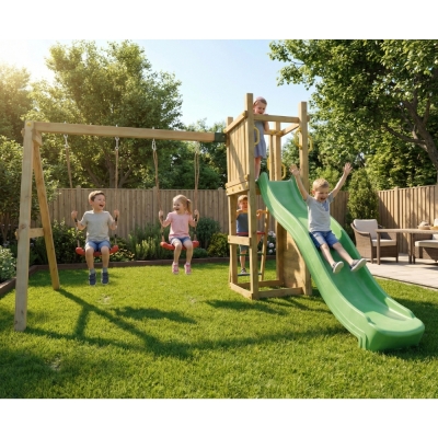 Scivolo e due Altalene in legno Fungoo Funny 3 gioco in legno per giardino