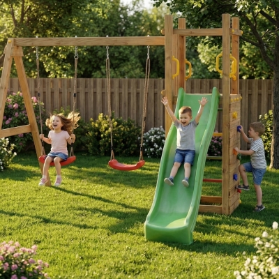 Scivolo e due Altalene in legno Fungoo Funny 3 gioco in legno per giardino