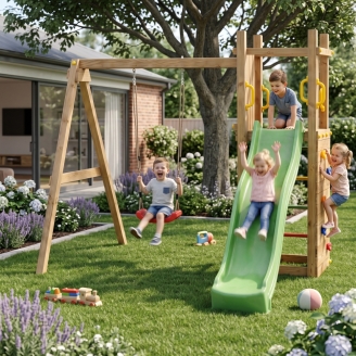 Scivolo e Altalena in legno Fungoo Funny 3 gioco in legno per giardino