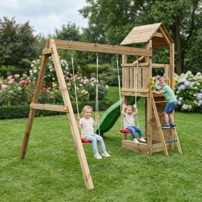 Altalena e Scivolo Parco giochi con casetta Fungoo FLAPPI giochi da giardino in legno