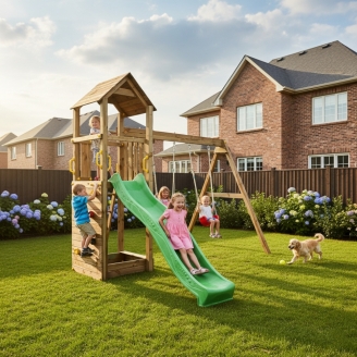 Altalena e Scivolo Parco giochi con casetta Fungoo FLAPPI giochi da giardino in legno
