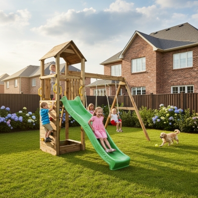Altalena e Scivolo Parco giochi con casetta Fungoo FLAPPI giochi da giardino in legno