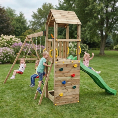 Altalena e Scivolo Parco giochi con casetta Fungoo FLAPPI giochi da giardino in legno